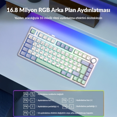 Aula F75 Mekanik RGB TKL GrayWood V4 Switch Kablosuz Makrolu Hot Swap Türkçe Q Klavye Pastel - 4