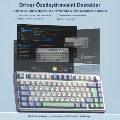Aula F75 Mekanik RGB TKL GrayWood V4 Switch Kablosuz Makrolu Hot Swap Türkçe Q Klavye Pastel - 6