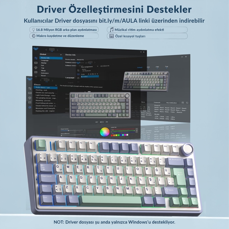 Aula F75 Mekanik RGB TKL GrayWood V4 Switch Kablosuz Makrolu Hot Swap Türkçe Q Klavye Pastel - 6