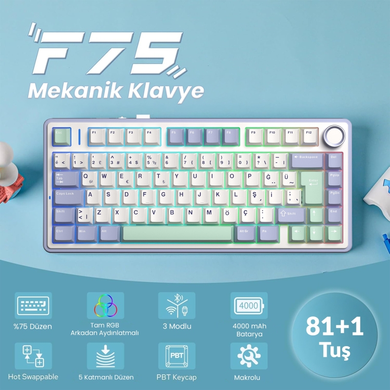 Aula F75 Mekanik RGB TKL GrayWood V4 Switch Kablosuz Makrolu Hot Swap Türkçe Q Klavye Pastel - 2