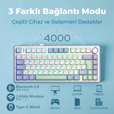 Aula F75 Mekanik RGB TKL GrayWood V4 Switch Kablosuz Makrolu Hot Swap Türkçe Q Klavye Pastel - 3