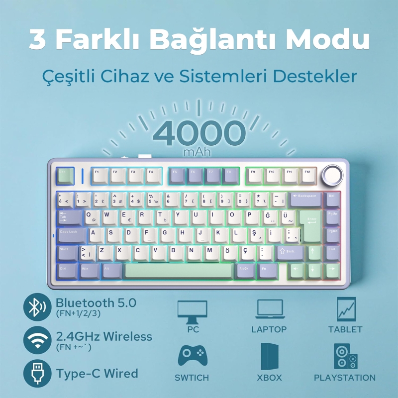 Aula F75 Mekanik RGB TKL GrayWood V4 Switch Kablosuz Makrolu Hot Swap Türkçe Q Klavye Pastel - 3