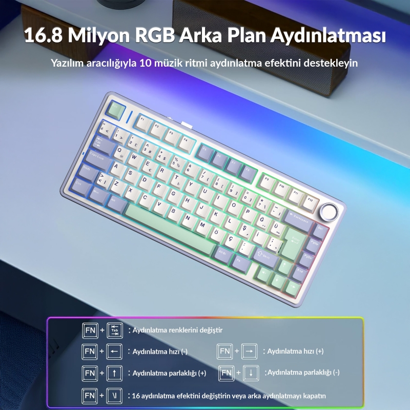Aula F75 Mekanik RGB TKL GrayWood V4 Switch Kablosuz Makrolu Hot Swap Türkçe Q Klavye Pastel - 4