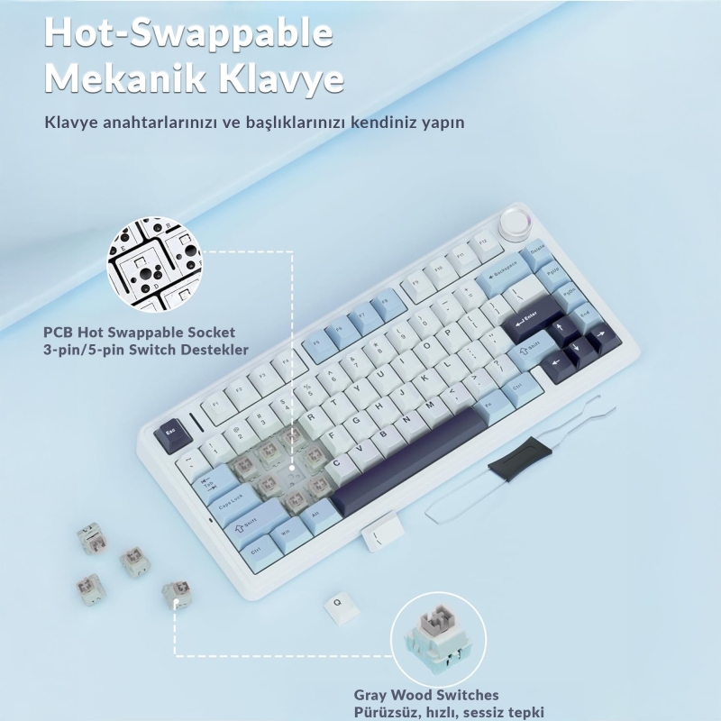 Aula F75 Mekanik RGB TKL GrayWood V4 Switch Kablosuz Makrolu Hot Swap Türkçe Q Klavye Pastel - 7