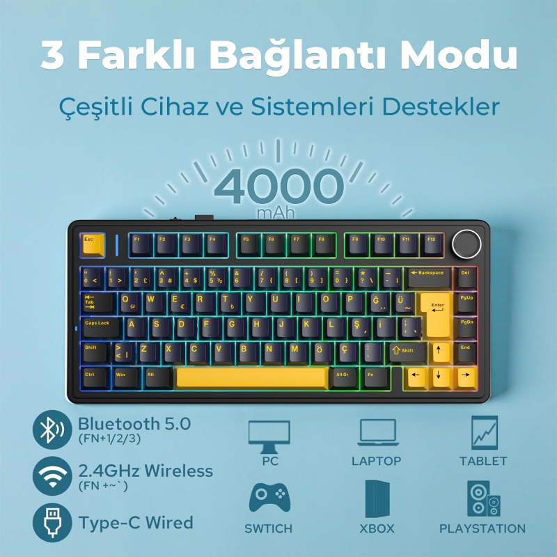 Aula F75 Mekanik RGB TKL GrayWood V4 Switch Kablosuz Makrolu Hot Swap Türkçe Q Klavye Siyah - 3