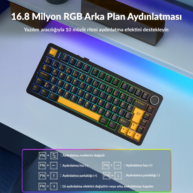 Aula F75 Mekanik RGB TKL GrayWood V4 Switch Kablosuz Makrolu Hot Swap Türkçe Q Klavye Siyah - 4