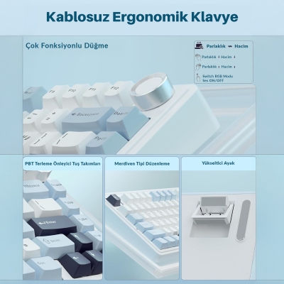 Aula F75 Mekanik RGB TKL GrayWood V4 Switch Kablosuz Makrolu Hot Swap Türkçe Q Klavye Siyah - 9