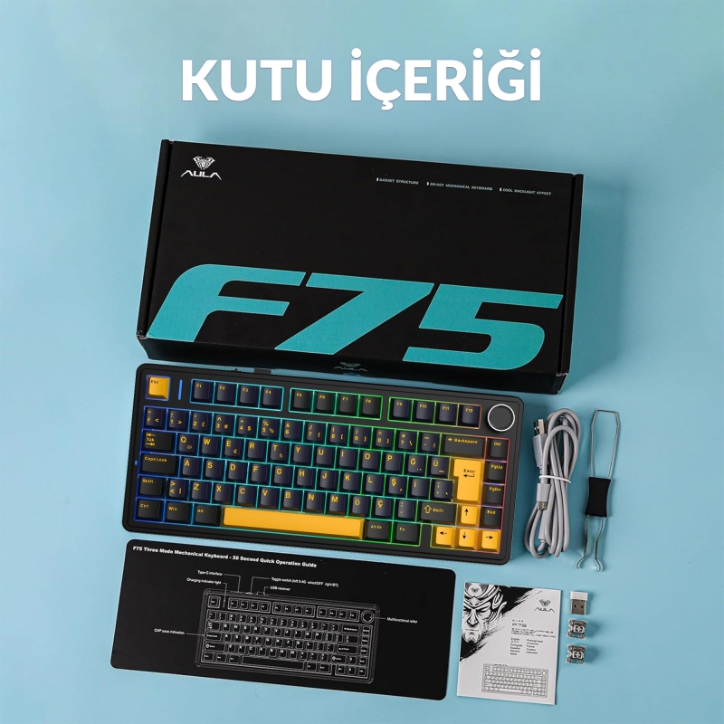 Aula F75 Mekanik RGB TKL GrayWood V4 Switch Kablosuz Makrolu Hot Swap Türkçe Q Klavye Siyah - 10