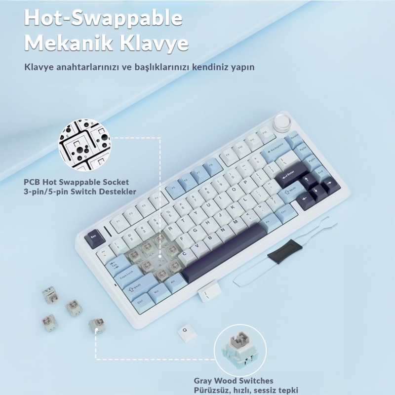 Aula F75 Mekanik RGB TKL GrayWood V4 Switch Kablosuz Makrolu Hot Swap Türkçe Q Klavye Siyah - 7