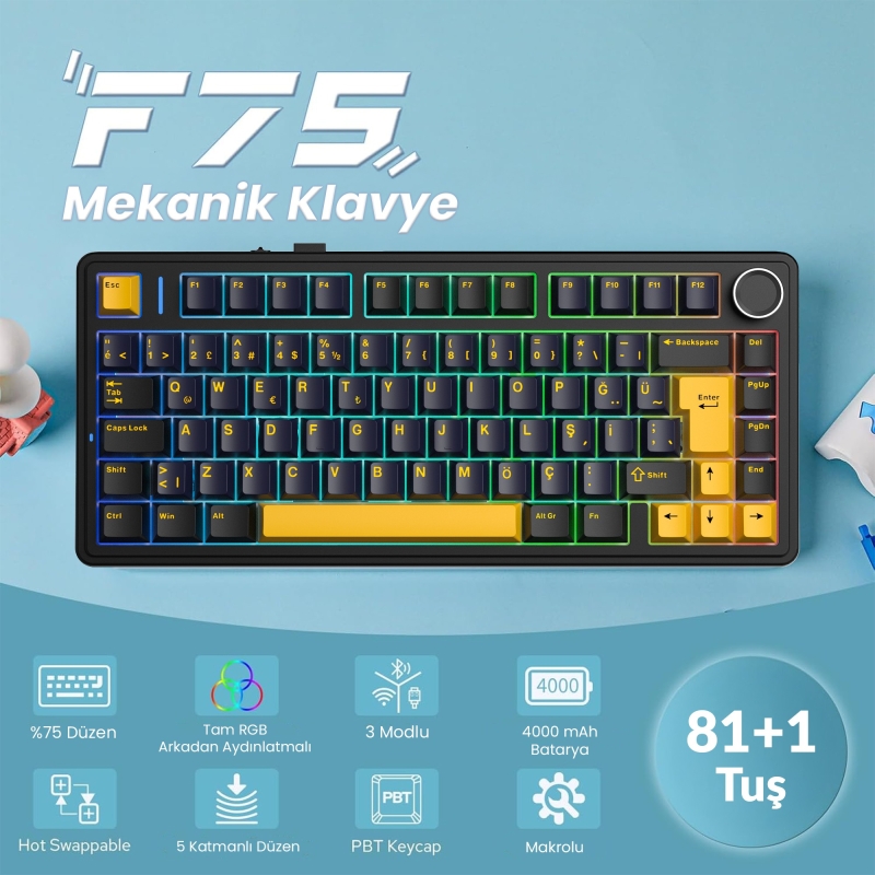 Aula F75 Mekanik RGB TKL GrayWood V4 Switch Kablosuz Makrolu Hot Swap Türkçe Q Klavye Siyah - 2