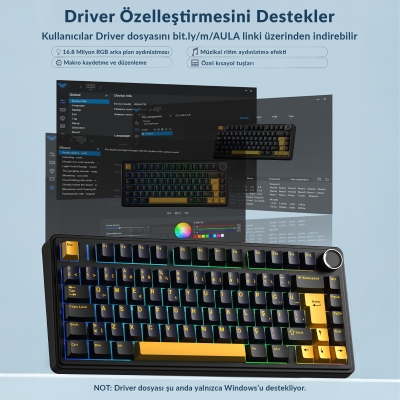 Aula F75 Mekanik RGB TKL GrayWood V4 Switch Kablosuz Makrolu Hot Swap Türkçe Q Klavye Siyah - 6