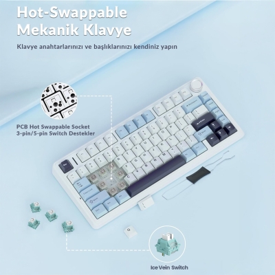 Aula F75 Mekanik RGB TKL Ice Vein Switch Kablosuz Makrolu Hot Swap Klavye Lacivert - 6
