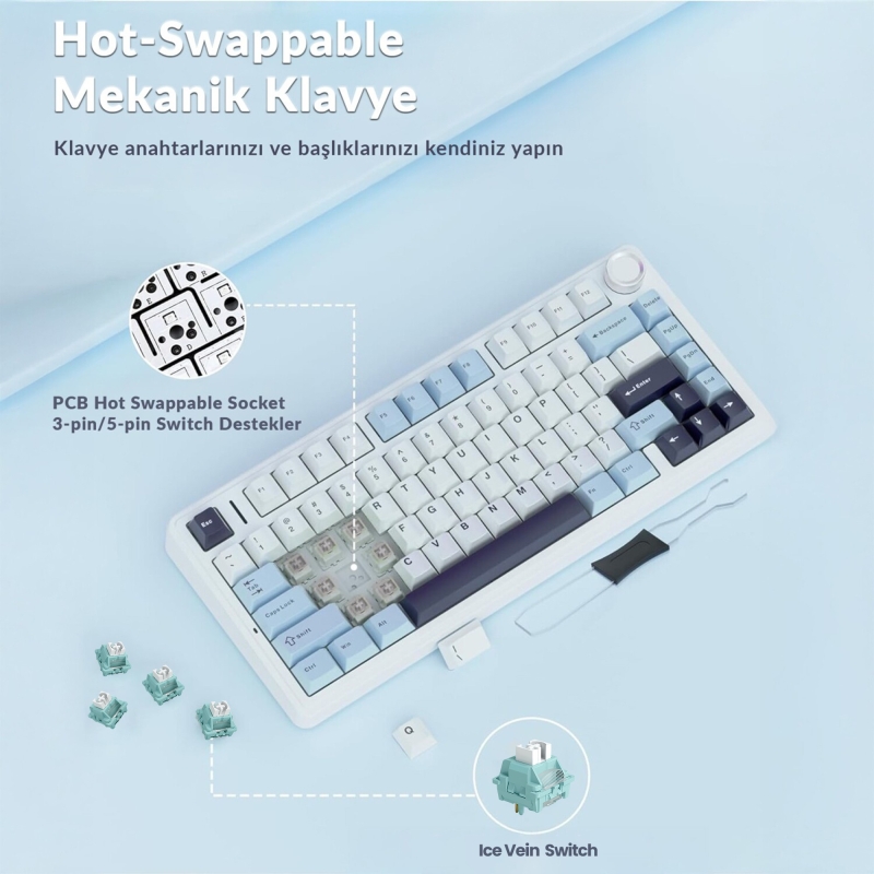 Aula F75 Mekanik RGB TKL Ice Vein Switch Kablosuz Makrolu Hot Swap Klavye Lacivert - 6