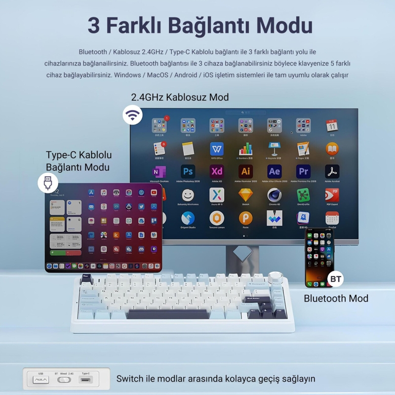 Aula F75 Mekanik RGB TKL Ice Vein Switch Kablosuz Makrolu Hot Swap Klavye Lacivert - 8