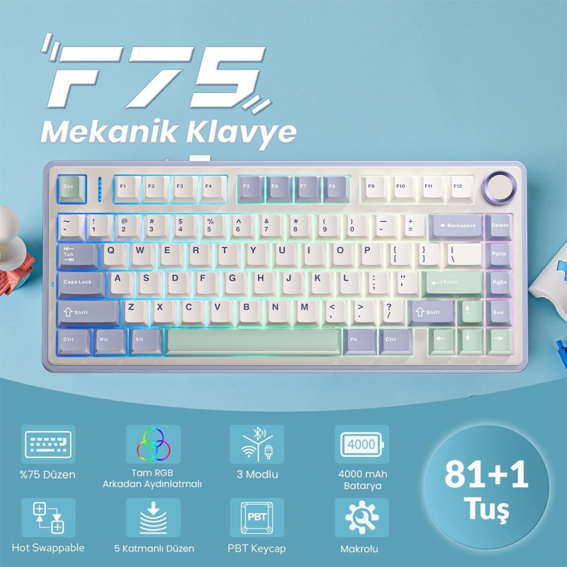 Aula F75 Mekanik RGB TKL Ice Vein Switch Kablosuz Makrolu Hot Swap Klavye Pastel - 2