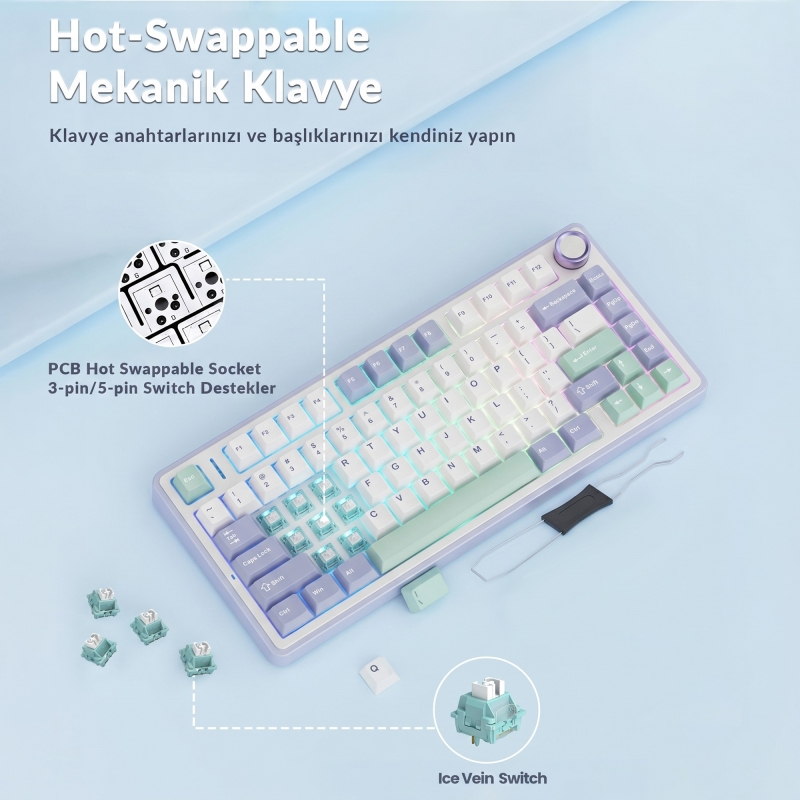 Aula F75 Mekanik RGB TKL Ice Vein Switch Kablosuz Makrolu Hot Swap Klavye Pastel - 5