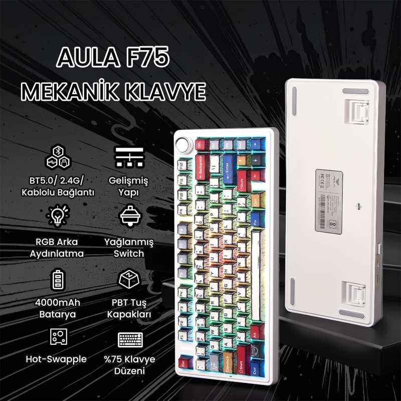 Aula F75 Mekanik RGB TKL Reaper Switch Kablosuz Makrolu Hot Swap Klavye Comic - 2