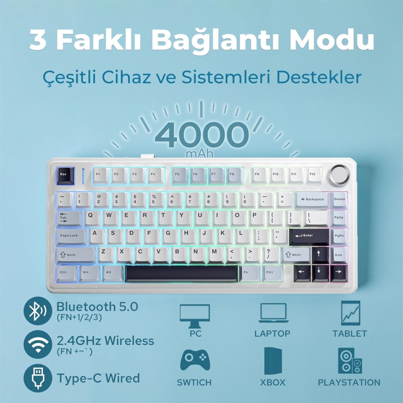 Aula F75 Mekanik RGB TKL Reaper Switch Kablosuz Makrolu Hot Swap Klavye Lacivert - 4