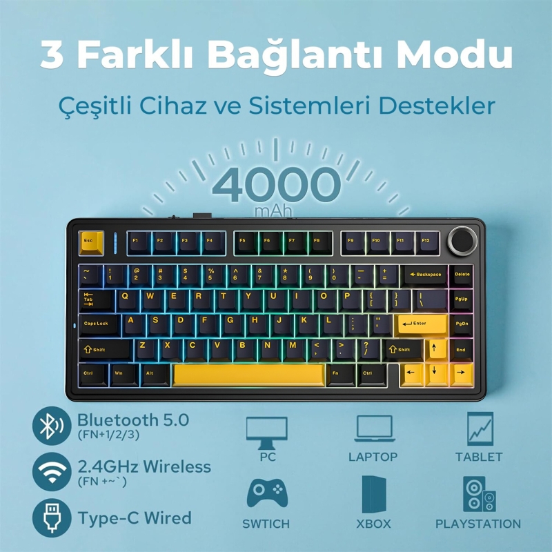 Aula F75 Mekanik RGB TKL Reaper Switch Kablosuz Makrolu Hot Swap Klavye Siyah - 2
