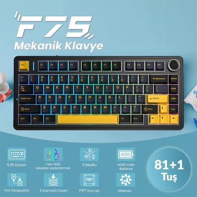 Aula F75 Mekanik RGB TKL Reaper Switch Kablosuz Makrolu Hot Swap Klavye Siyah - 2