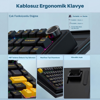 Aula F75 Mekanik RGB TKL Reaper Switch Kablosuz Makrolu Hot Swap Klavye Siyah - 4
