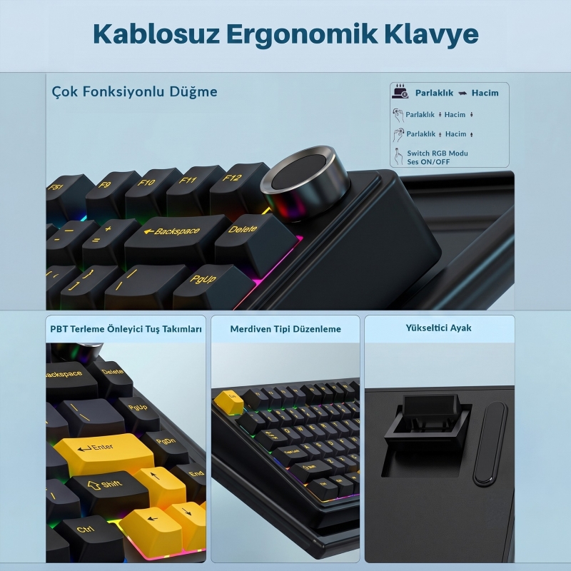 Aula F75 Mekanik RGB TKL Reaper Switch Kablosuz Makrolu Hot Swap Klavye Siyah - 4
