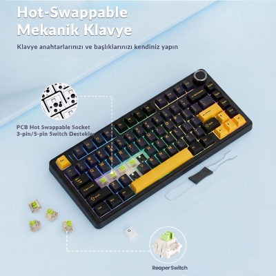 Aula F75 Mekanik RGB TKL Reaper Switch Kablosuz Makrolu Hot Swap Klavye Siyah - 5