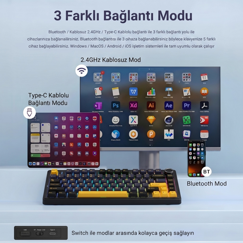 Aula F75 Mekanik RGB TKL Reaper Switch Kablosuz Makrolu Hot Swap Klavye Siyah - 6