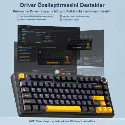 Aula F75 Mekanik RGB TKL Reaper Switch Kablosuz Makrolu Hot Swap Klavye Siyah - 8