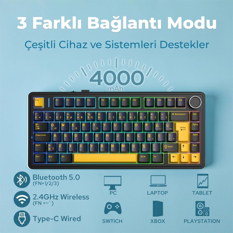 Aula F75 Mekanik RGB TKL Reaper Switch Kablosuz Makrolu Hot Swap Klavye Siyah - 3