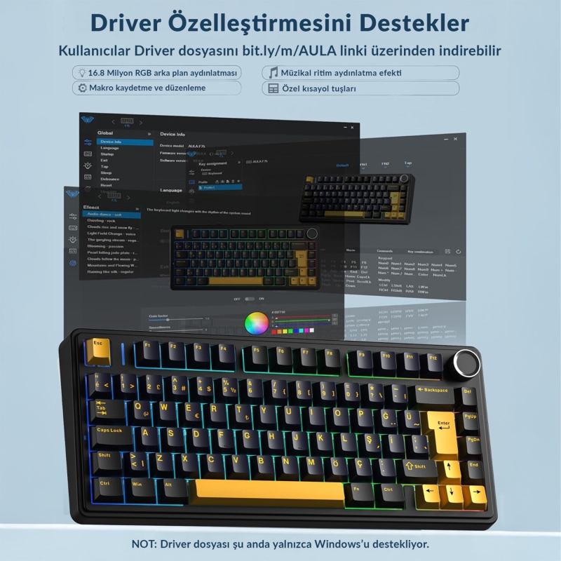 Aula F75 Mekanik RGB TKL Reaper Switch Kablosuz Makrolu Hot Swap Klavye Siyah - 7