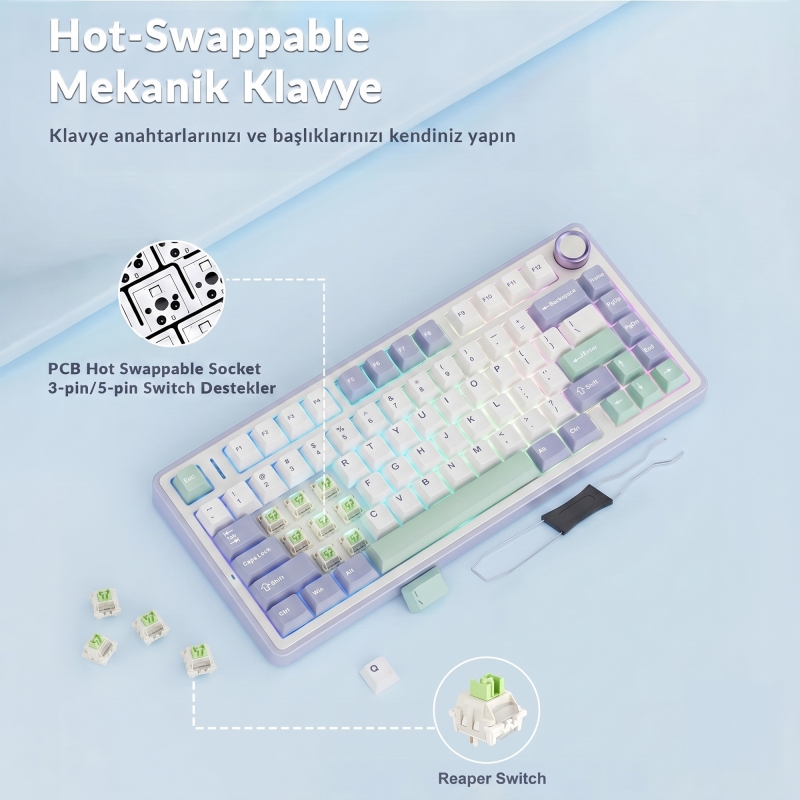 Aula F75 Mekanik RGB TKL Reaper Switch Kablosuz Makrolu Hot Swap Klavye Pastel - 5