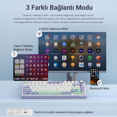 Aula F75 Mekanik RGB TKL Reaper Switch Kablosuz Makrolu Hot Swap Klavye Pastel - 7