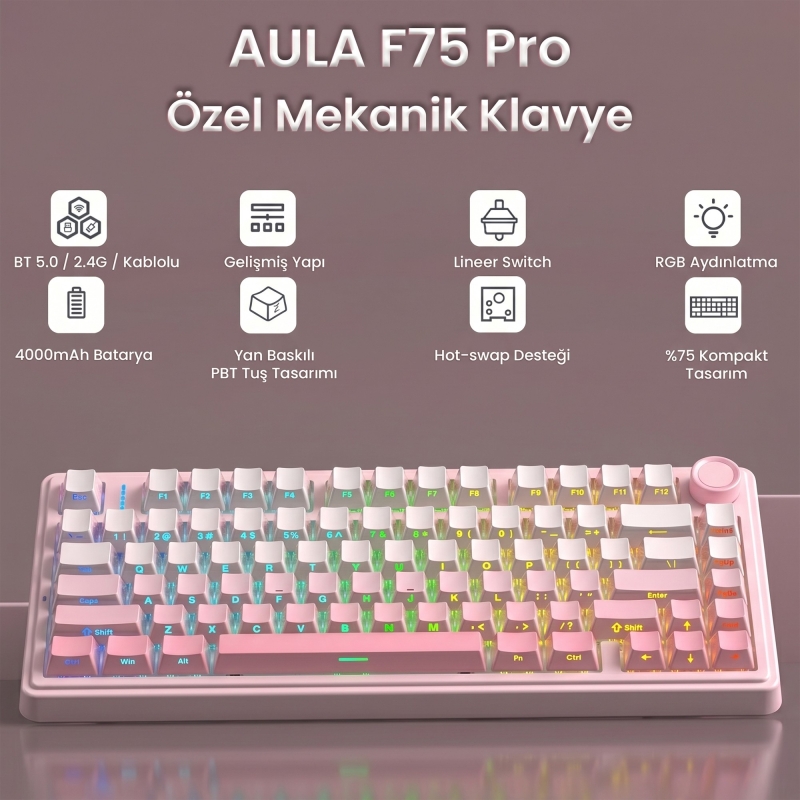Aula F75 Mekanik RGB TKL Sessiz Cotton Candy Switch Kablosuz Makrolu Hot Swap Klavye Pembe - 2