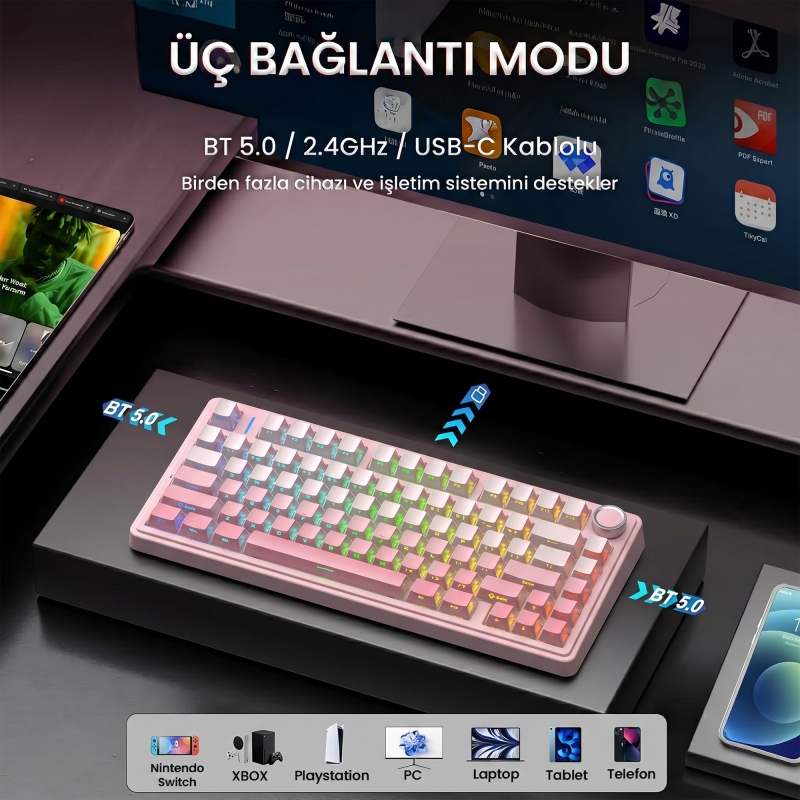 Aula F75 Mekanik RGB TKL Sessiz Cotton Candy Switch Kablosuz Makrolu Hot Swap Klavye Pembe - 3