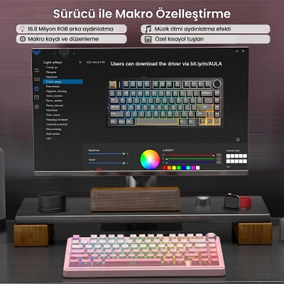 Aula F75 Mekanik RGB TKL Sessiz Cotton Candy Switch Kablosuz Makrolu Hot Swap Klavye Pembe - 4