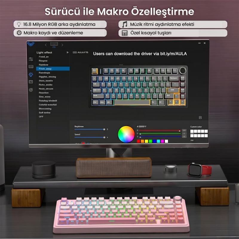 Aula F75 Mekanik RGB TKL Sessiz Cotton Candy Switch Kablosuz Makrolu Hot Swap Klavye Pembe - 4