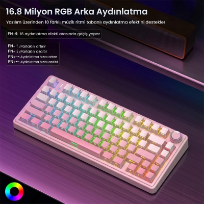 Aula F75 Mekanik RGB TKL Sessiz Cotton Candy Switch Kablosuz Makrolu Hot Swap Klavye Pembe - 5