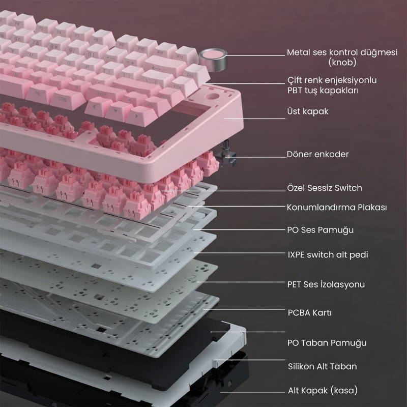 Aula F75 Mekanik RGB TKL Sessiz Cotton Candy Switch Kablosuz Makrolu Hot Swap Klavye Pembe - 7