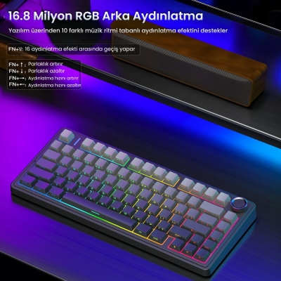 Aula F75 Pro Mekanik RGB TKL Reaper Switch Kablosuz Makrolu Hot Swap Klavye Gradyan Gri - 5