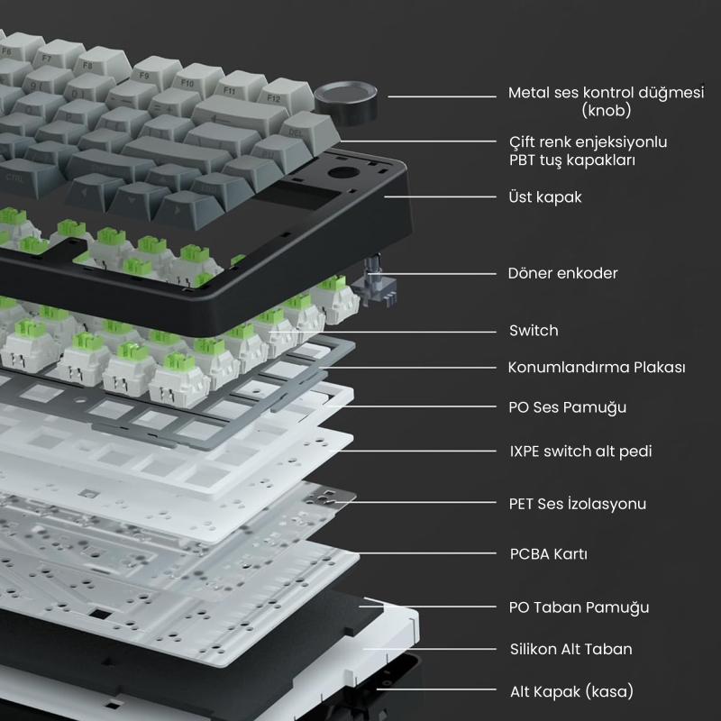 Aula F75 Pro Mekanik RGB TKL Reaper Switch Kablosuz Makrolu Hot Swap Klavye Gradyan Gri - 6