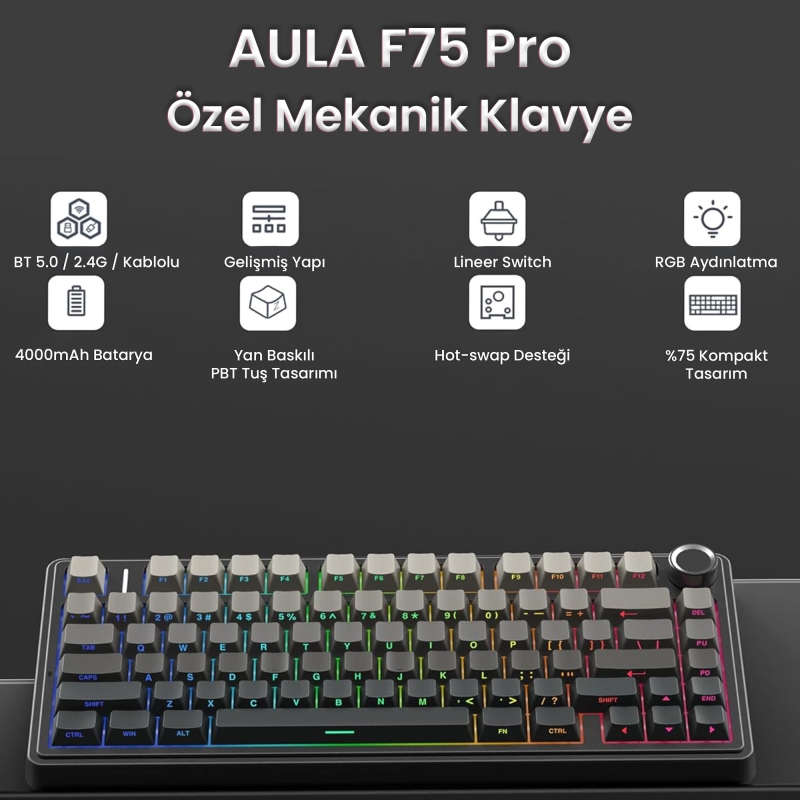 Aula F75 Mekanik RGB TKL Reaper Switch Kablosuz Makrolu Hot Swap Klavye Gradyan Gri - 2