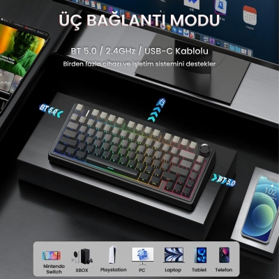Aula F75 Mekanik RGB TKL Reaper Switch Kablosuz Makrolu Hot Swap Klavye Gradyan Gri - 3