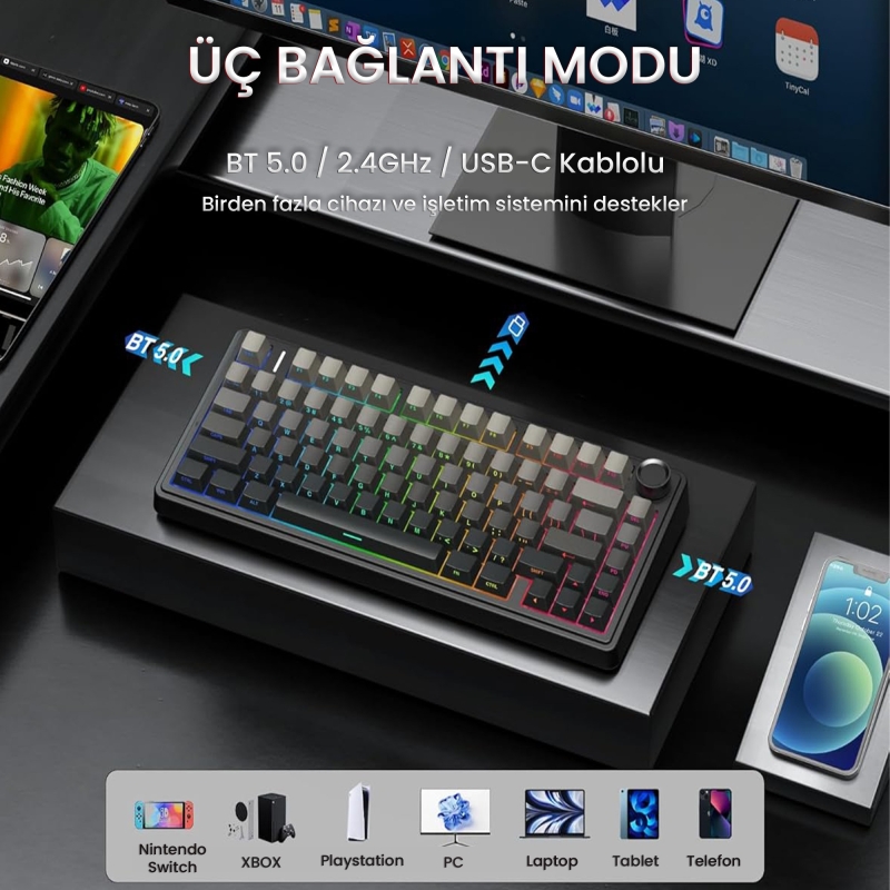 Aula F75 Mekanik RGB TKL Reaper Switch Kablosuz Makrolu Hot Swap Klavye Gradyan Gri - 3