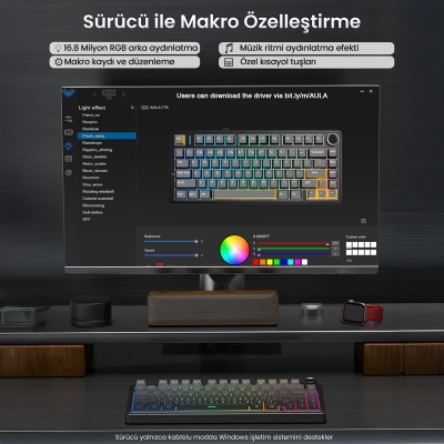 Aula F75 Mekanik RGB TKL Reaper Switch Kablosuz Makrolu Hot Swap Klavye Gradyan Gri - 4