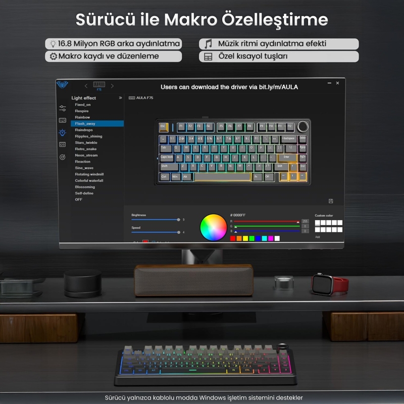 Aula F75 Mekanik RGB TKL Reaper Switch Kablosuz Makrolu Hot Swap Klavye Gradyan Gri - 4