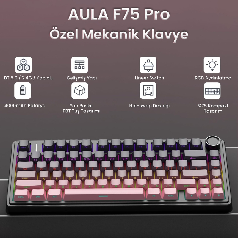 Aula F75 Pro Mekanik RGB TKL Reaper Switch Kablosuz Makrolu Hot Swap Klavye Gradyan Pembe - 2