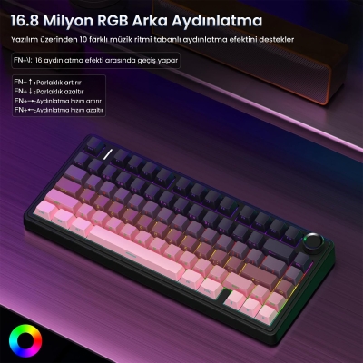 Aula F75 Pro Mekanik RGB TKL Reaper Switch Kablosuz Makrolu Hot Swap Klavye Gradyan Pembe - 5