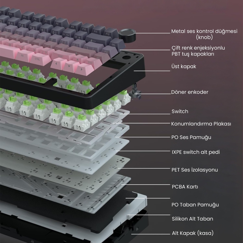 Aula F75 Pro Mekanik RGB TKL Reaper Switch Kablosuz Makrolu Hot Swap Klavye Gradyan Pembe - 6