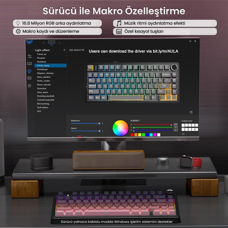 Aula F75 Mekanik RGB TKL Reaper Switch Kablosuz Makrolu Hot Swap Klavye Gradyan Pembe - 4